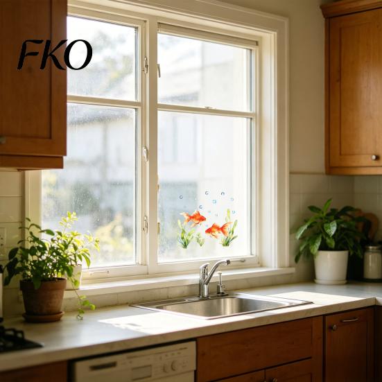 Aquatic Plant Window Decal Red Goldfish Design Sticker, Transparent Electrostatic Adhesion No Glue Auspicious Decor Glass for Living Room Bedroom