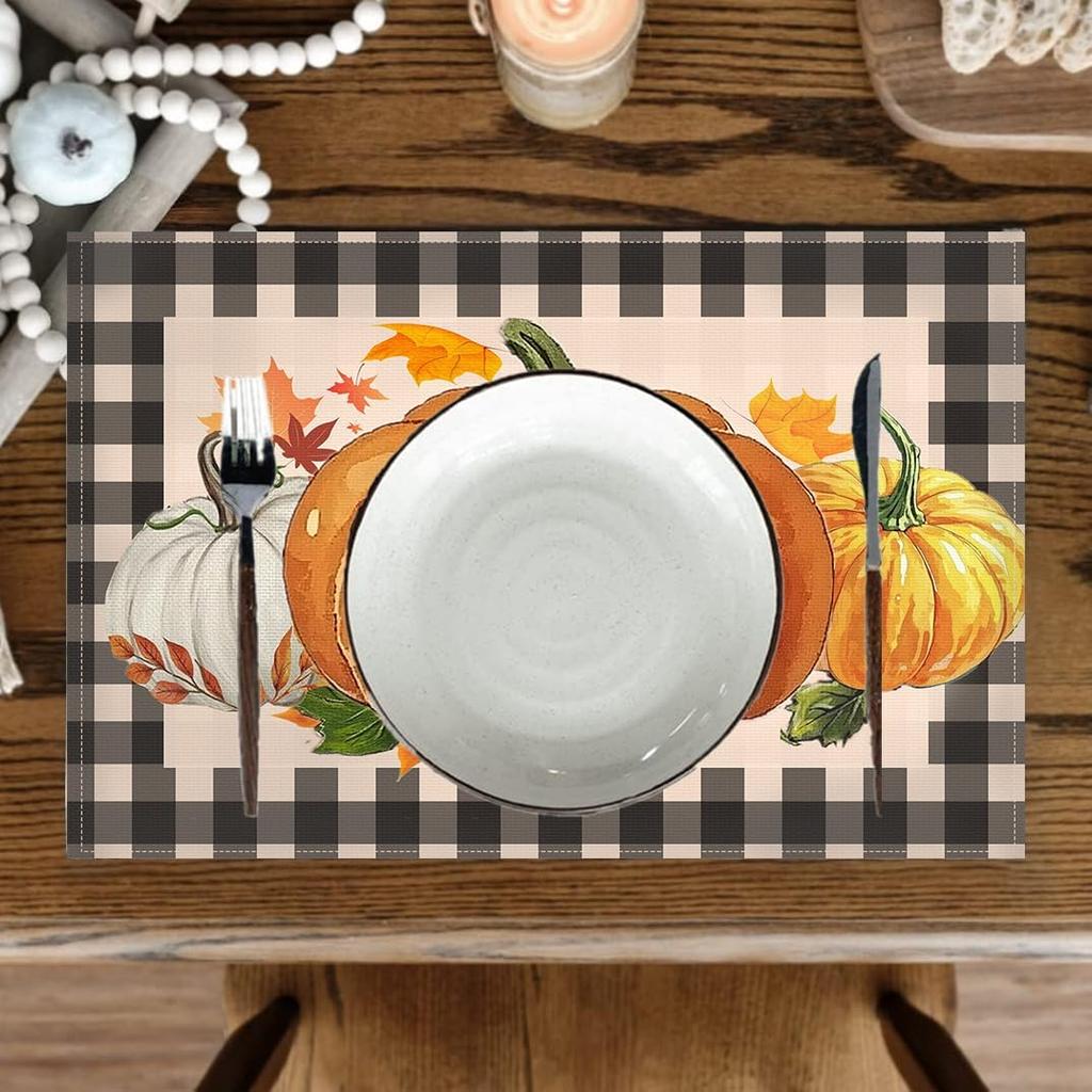 Pumpkin Buffalo Plaid Placemats Halloween Thanksgiving Table Mats Set of 4, 12x18 Inch Fall Autumn Decor for Party Kitchen Dining Decor Maple Leaf