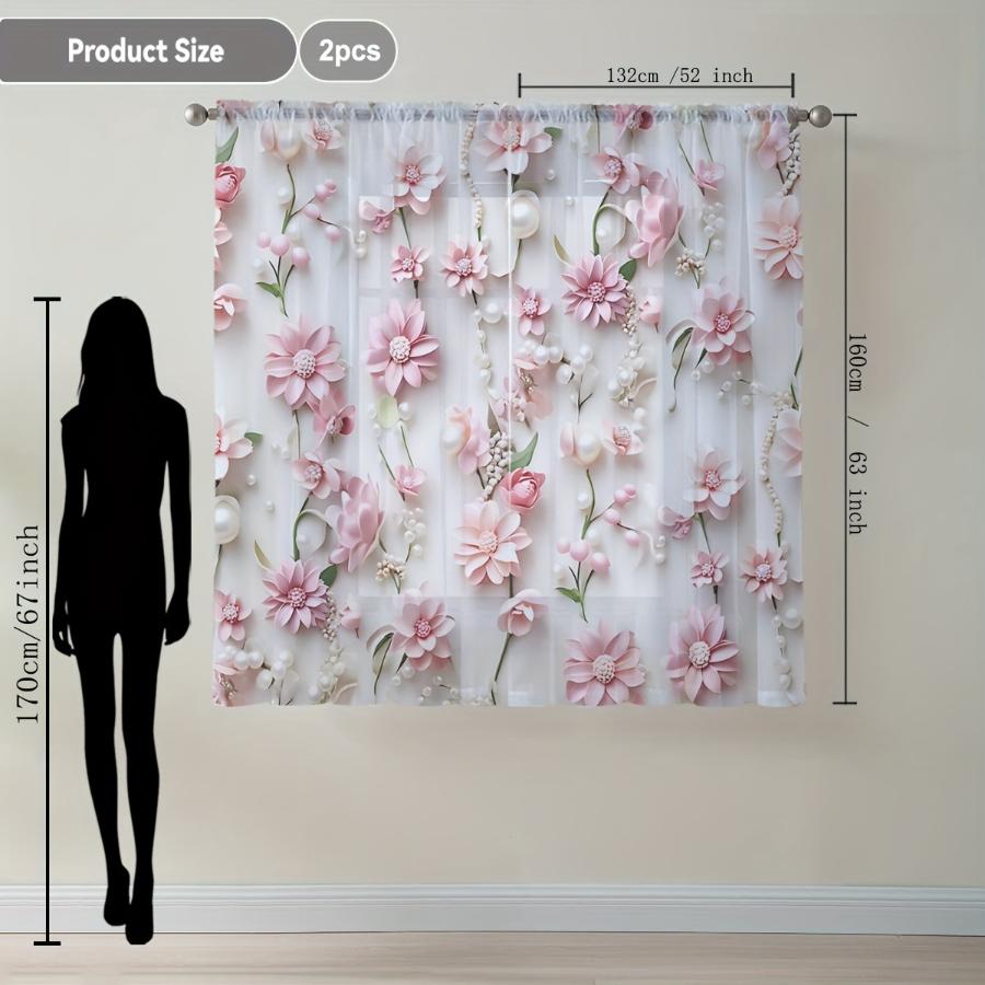 2PCS Digital Print Sheer Curtains, Flower Pearl Pattern, Elegant Light Luxury Style for Living Room Bedroom Window Decor