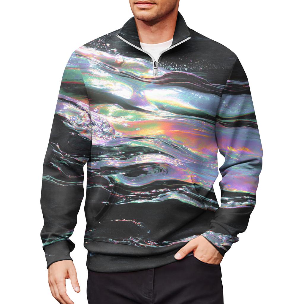 Men's Loose Casual 1/4 Zip Sweatshirt Fashion Printed Long Sleeve Top With Pockets