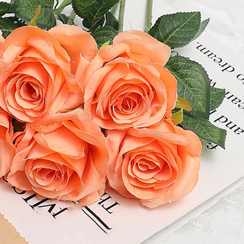 5pcs Artificial Flower Rose Bright Color Long Lasting Attractive Decorative Fake Silk Flower Decoration Orange