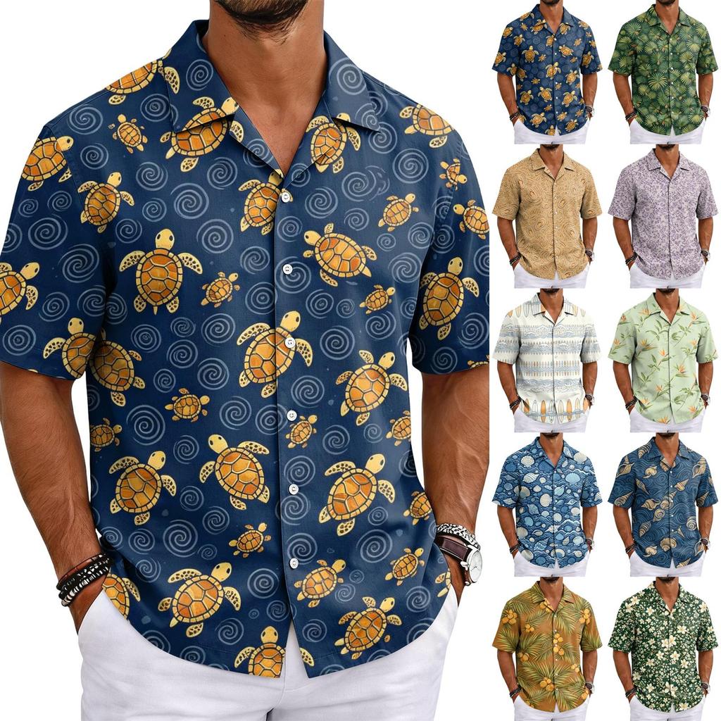 Herren Sommer Hawaiianhemd Kurzarm Kubanischer Kragen Knöpfe Casual Leichtes Atmungsaktives Gewebe Strandurlaub Hemd