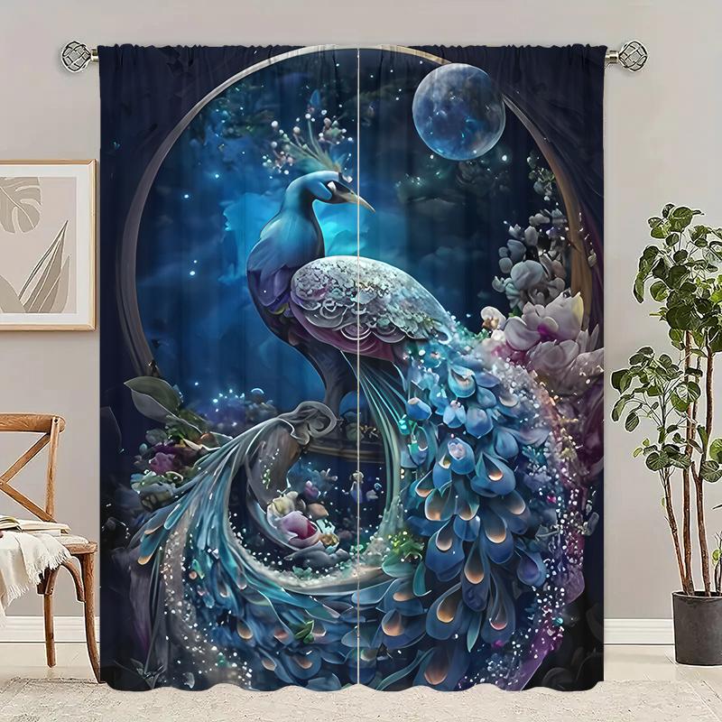 2pcs- Vitality Peacock Polyester Curtains, pole bag curtains 42*84, bedroom, living room, home room decoration