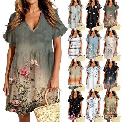 Women's Casual Fashion Dress Vintage Floral Floral Short Sleeve V-neck Dress
