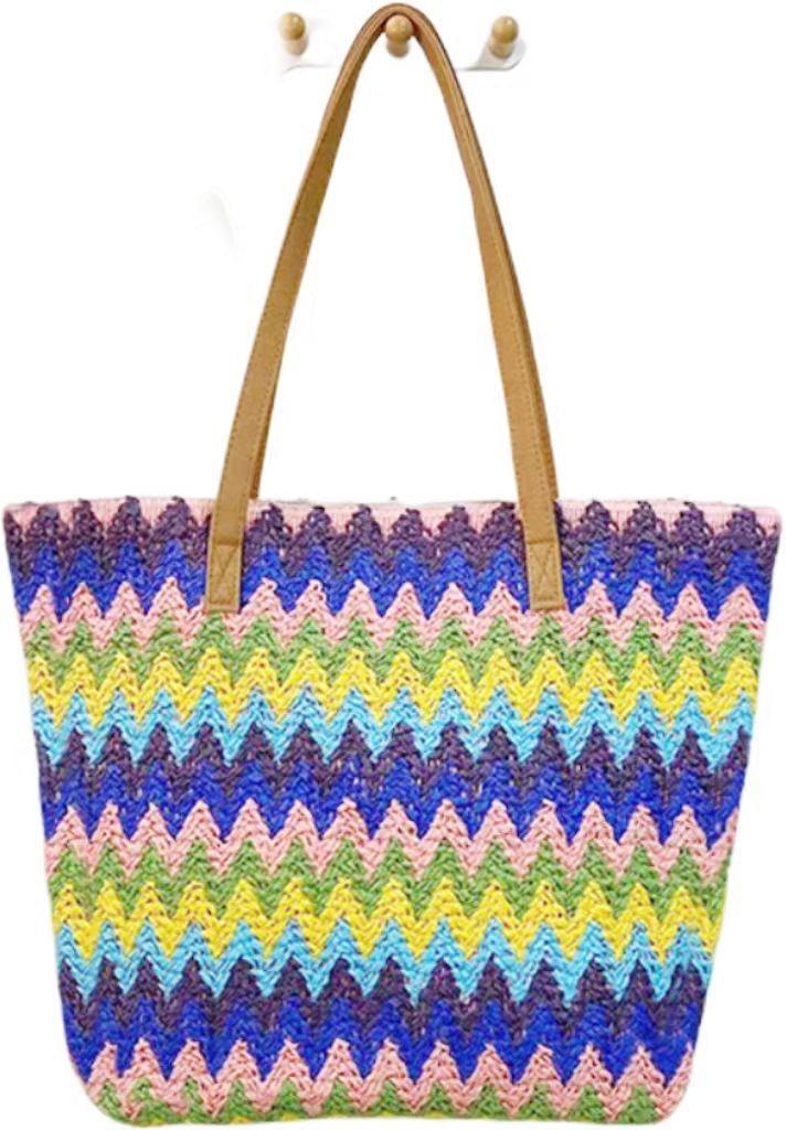 Natural Wavywoven Shoulder Bag With Organizer For Beach And Casual Outings