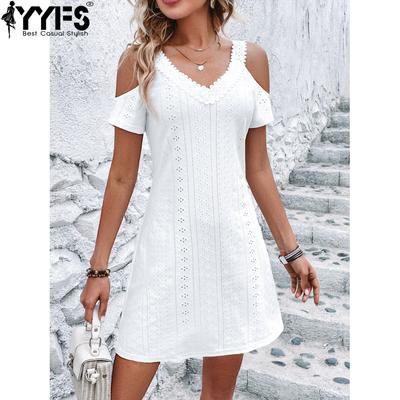 Abiti casual a vita alta con scollo a V a maniche corte con stampa tinta unita primavera estate moda donna