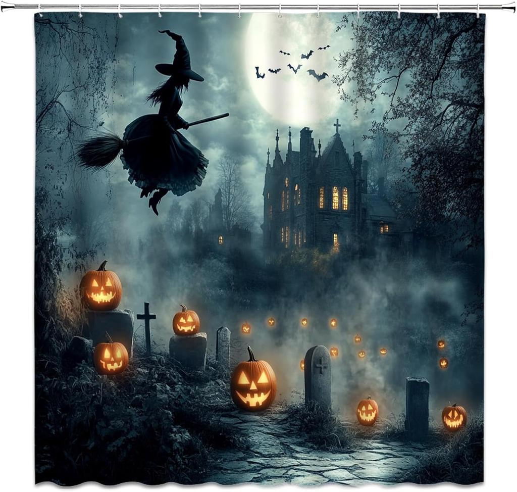 Halloween Shower Curtain Gothic Spooky Magic Witch Castle Haunted House Horror Cemetery Pumpkin Fabric Bathroom Curtain Decor
