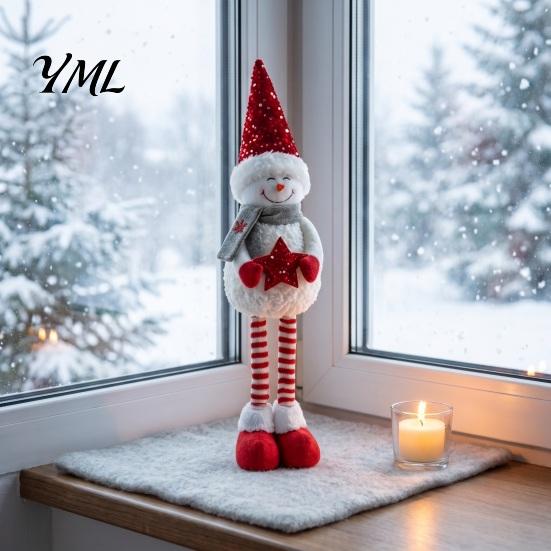 Stuffed Snowman Tabletop Decor Christmas Plush with Extendable Legs, Sequins Hat Holding Star Winter Home Doll, Standing Long Legs Xmas Decoration