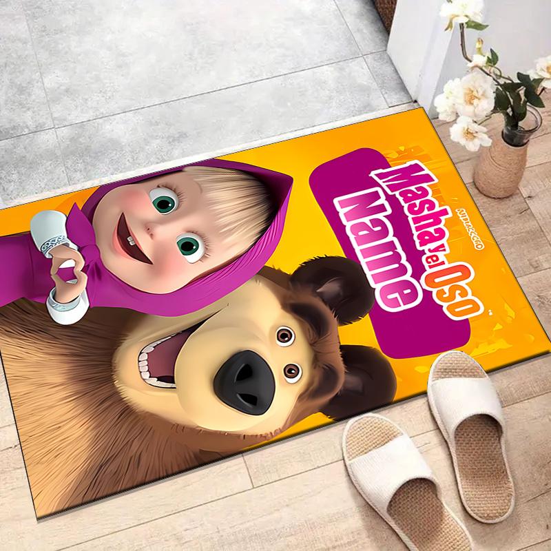 Custom Masha and the Bear Mat Personalized Name, Polyester Washable Indoor Entryway Rug, Gift for Christmas, Easter, Thanksgiving Day