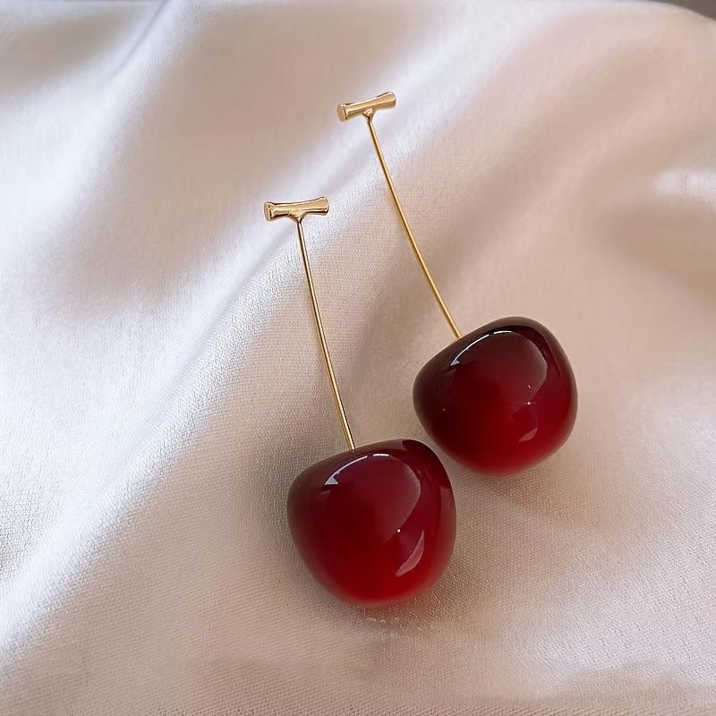 Elegant Vintage-Inspired Cherry Drop Earrings Long Stem, Resin Crafted with Golden Hook & Post, Cherry-Themed Design Versatile Jewelry