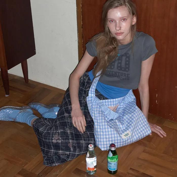 Check frill reversible bag _ Gingham babyblue