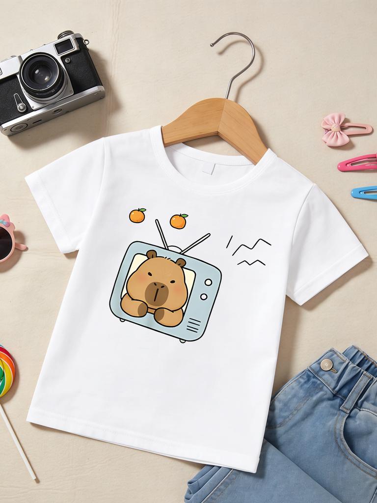 Capybara Inside Retro TV With Oranges Cartoon Print T Shirt Boys Girls Cute Short Sleeve Tee Family Matching Kids Cotton Tops