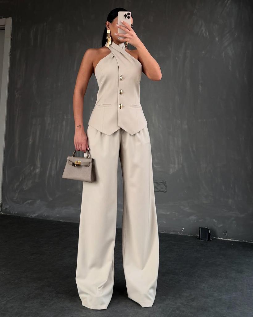 2025 Summer Women's Halter Top & High Waist Long Pants Set - European & American Style