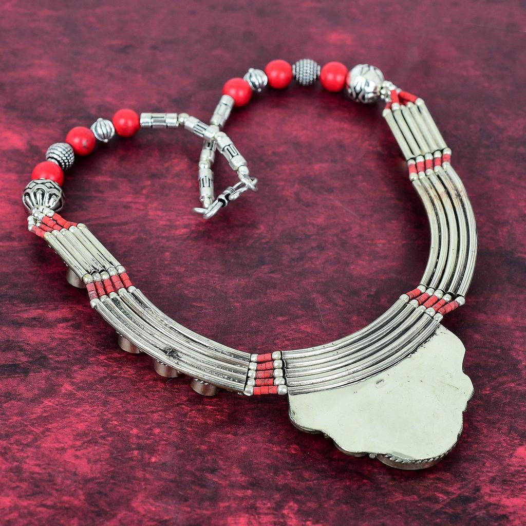 Orange & Red Coral Handmade Gemstone Nepali Necklace, 925 Solid Sterling Silver Necklace Antique Jewelry, Adjustable Chain Necklace Engagement Gift