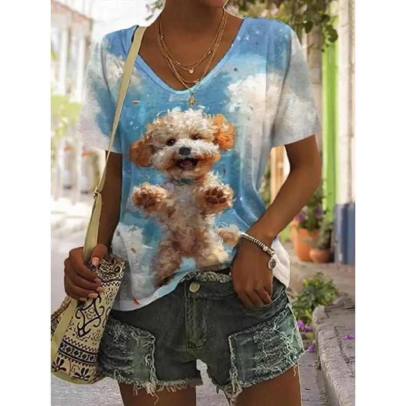 T-shirt da Donna Estiva con Stampa 3D Scollo a V Moda Versatile Traspirante Tendenza Casual