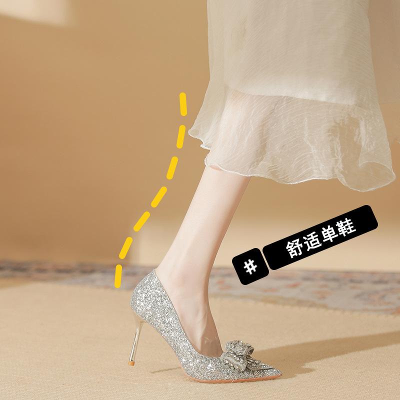 819-11 High heels women's spring 2025 new silver crystal bow wedding shoes pointed stiletto single shoes