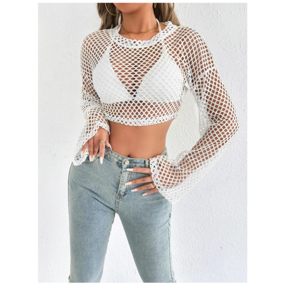 New Casual Perspective Sweater Flared Sleeves Loose Round Neck Hollow Navel Sweater for Women