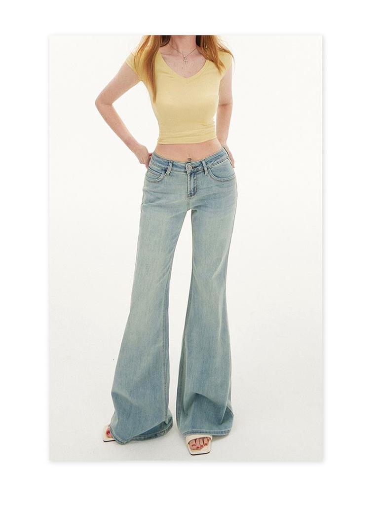 Women's Light Blue Micro-Flared Low-Waist Jeans: New for Spring & Autumn 2025, Slim Fit, Elastic, Spicy Girl Style