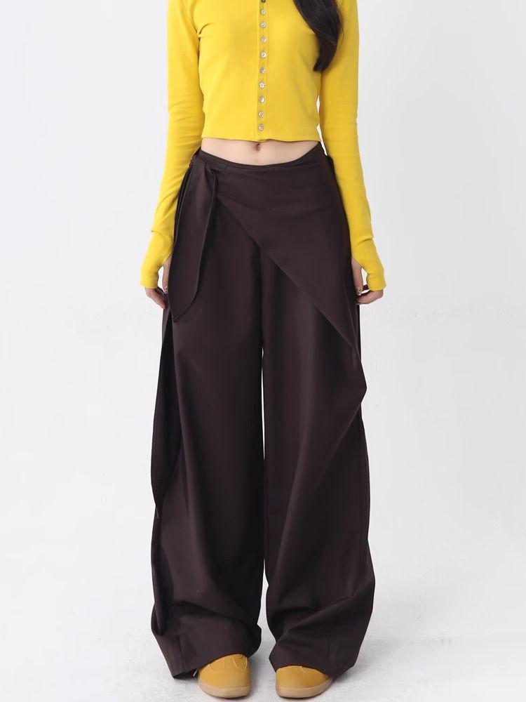 

2025 Spring Myerard Brown Side-Tie High Waist Wide Leg Casual Pants Large коричневый