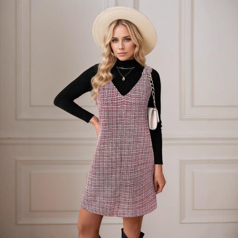 Womens Sleeveless V-Neck Tweed Pinafore Dress Mid-Length Checkered Casual Office Wear