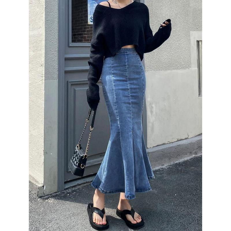 Women s Spring Korean Style Ruffle Denim Fishtail Skirt Extra Large синий