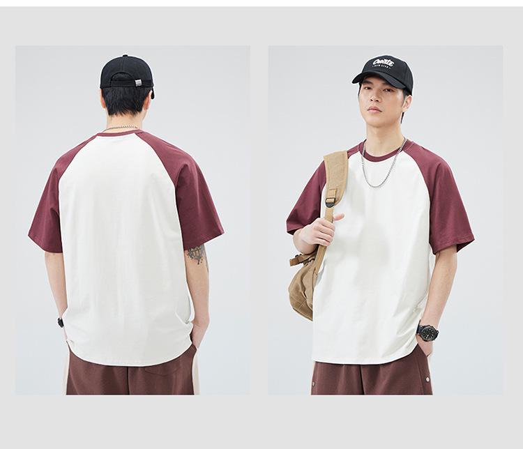 250G Men's Summer Trendy Color Block Raglan Tee - Heavyweight Pure Cotton, Loose Fit, Short Sleeve