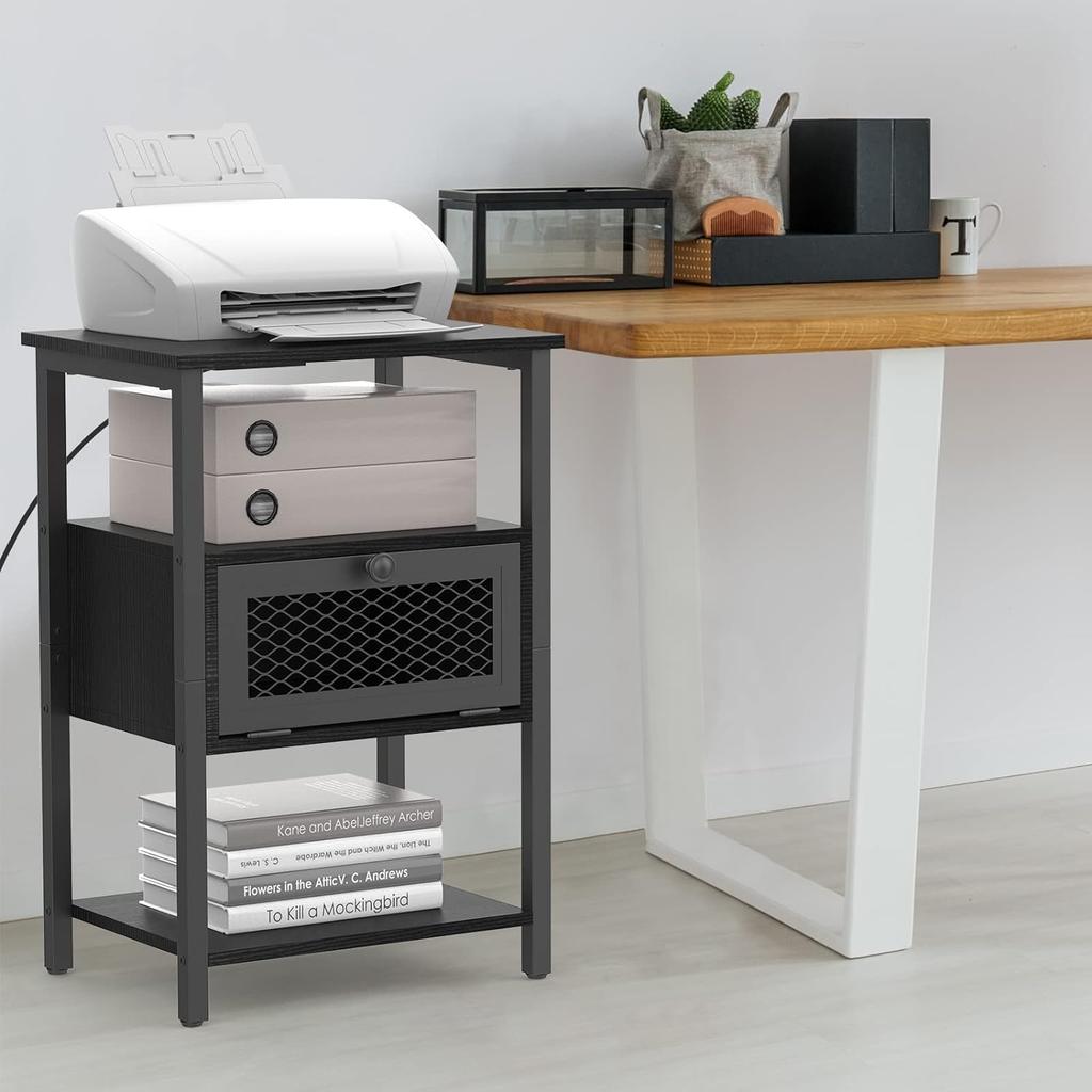 Nightstand with Charging Station, End Table with Power Outlets and USB Ports, Farmhouse Side Table with Drawer and Storage Shelf