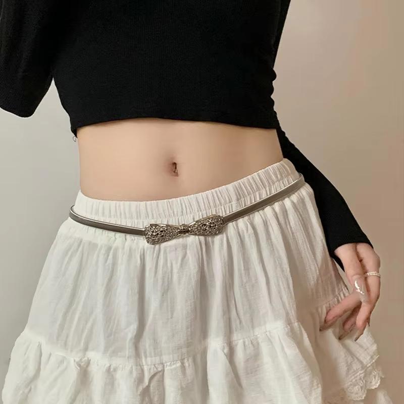 Fashion Metal Hollow Out Carved Bow Women Belts Elastic Skinny Thin Dress Belt Women Ladies Gold Sliver Decor Waist Chain Straps