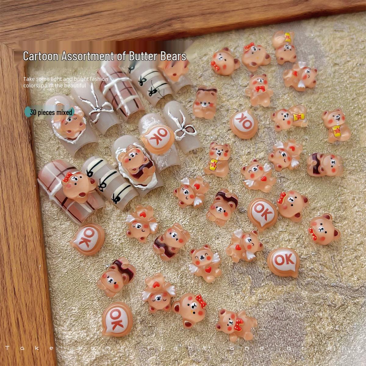 Butter Bear 3D Resin Nail Art Accessories: Cute Rhinestone Bow Tie Bear Decorations, Mixed Pack of 30 Pieces 10 pieces