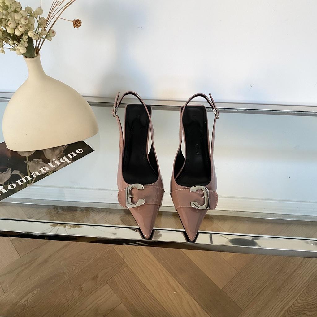 European and American patent leather metal buckle bag head high heel sandals single shoes
