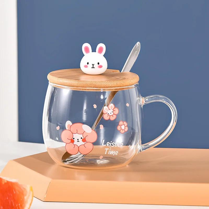 Cartoon Cute Mug High Borosilicate Glass Cups Creative Big Belly Mug with Cover High Temperature Resistant Transparent Water Cup