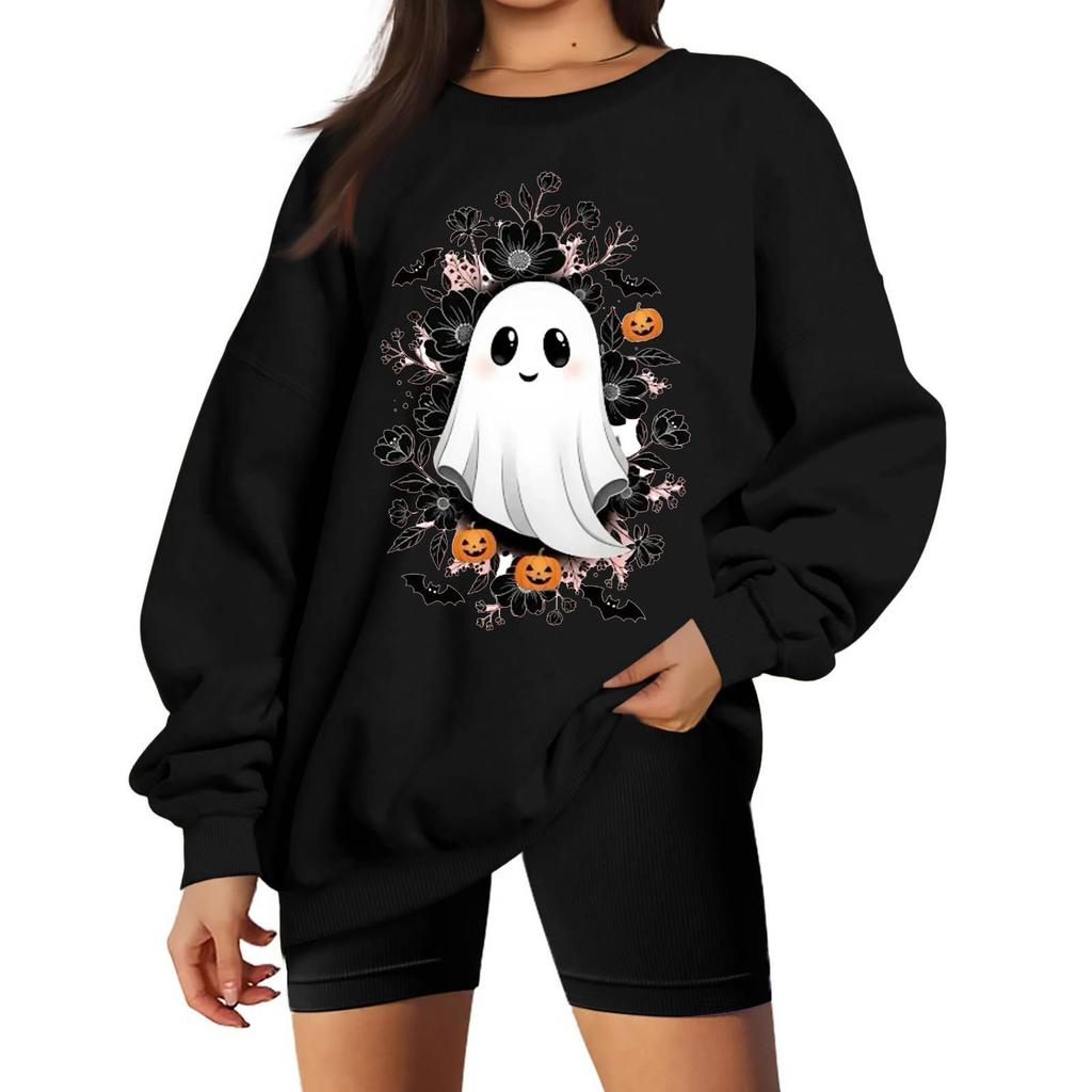 Women's Neck Long Sleeve Loose Fit Casual Sweatshirt Pullover Top with Halloween Print
