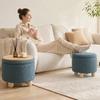 Storage Sitting Bench with Lid, Round Storage Ottoman with Rubberwood Legs, Dark Blue
