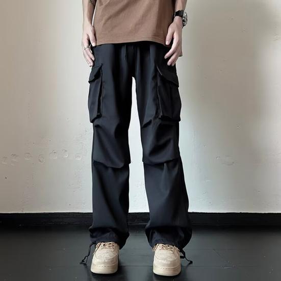 Men Cargo Pants Mid-rise Drawstring Multi Pockets Design Leisure Trousers Solid Color Wide Leg Outdoor Camping Pants Plus Size