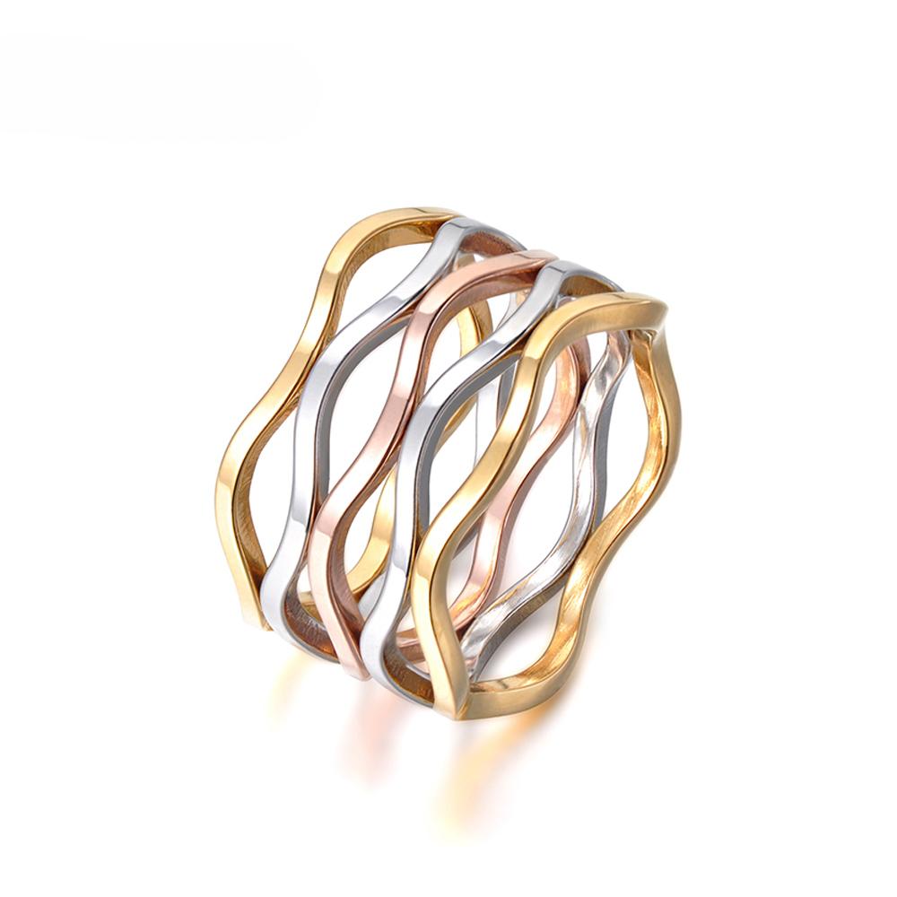 JeeMango Find Jewelry Ring Multicolor Wave Shape Multilayer Titanium Steel Engagement Wedding Ring For Women Bague Femme R17055