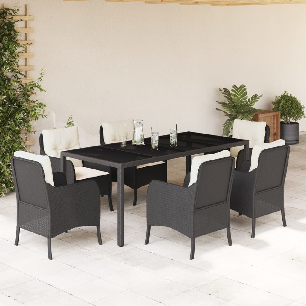 Vidaxl 7-Cz. Garden Furniture Set With Cushions, Black, Poly Rattan