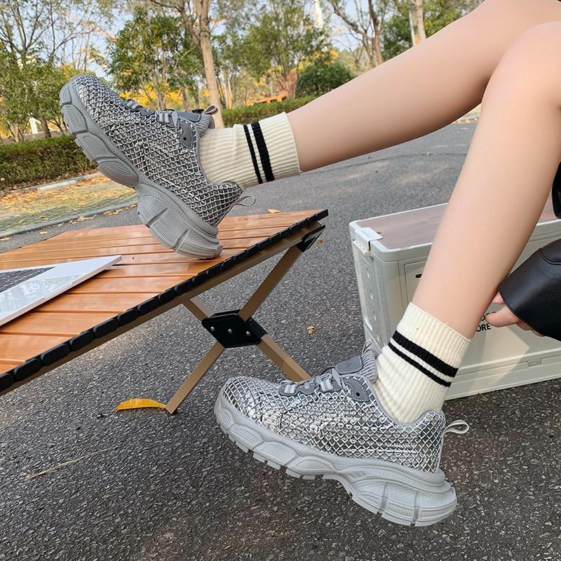 Rhinestone dad shoes women's 2025 spring new Internet celebrities with the same lace-up thick sole heightening versatile sports shoes casual shoes