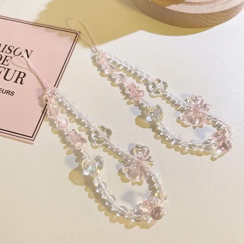

Korean Pink Bear Butterfly Flower Phone Strap Charm Chain Knot Cellphone Lanyard Keychain Woman Girl Bag Camera Pendant for Case