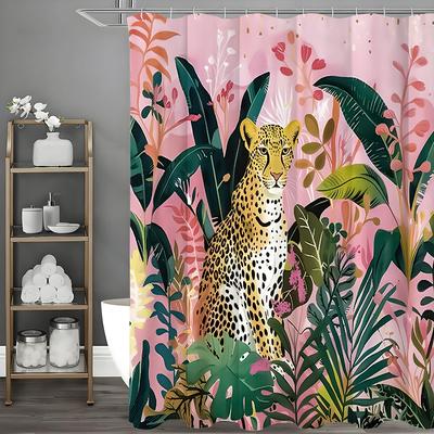 Cheetah Floral Pink Shower Curtain, Bathroom Decorative Shower Curtain, Waterproof Shower Curtain with Hooks