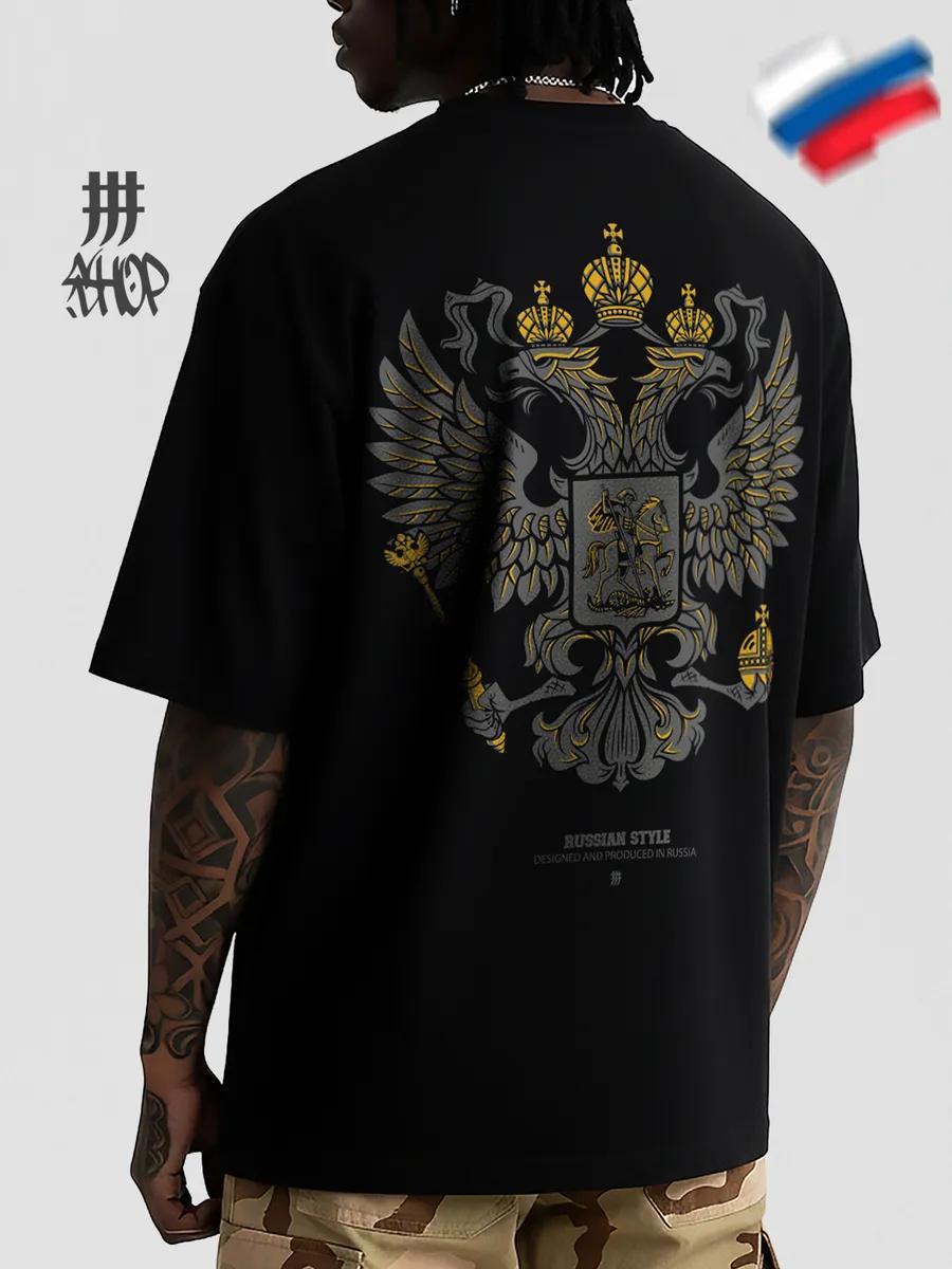 Oversized T-shirt with Coat of Arms of Russia print S