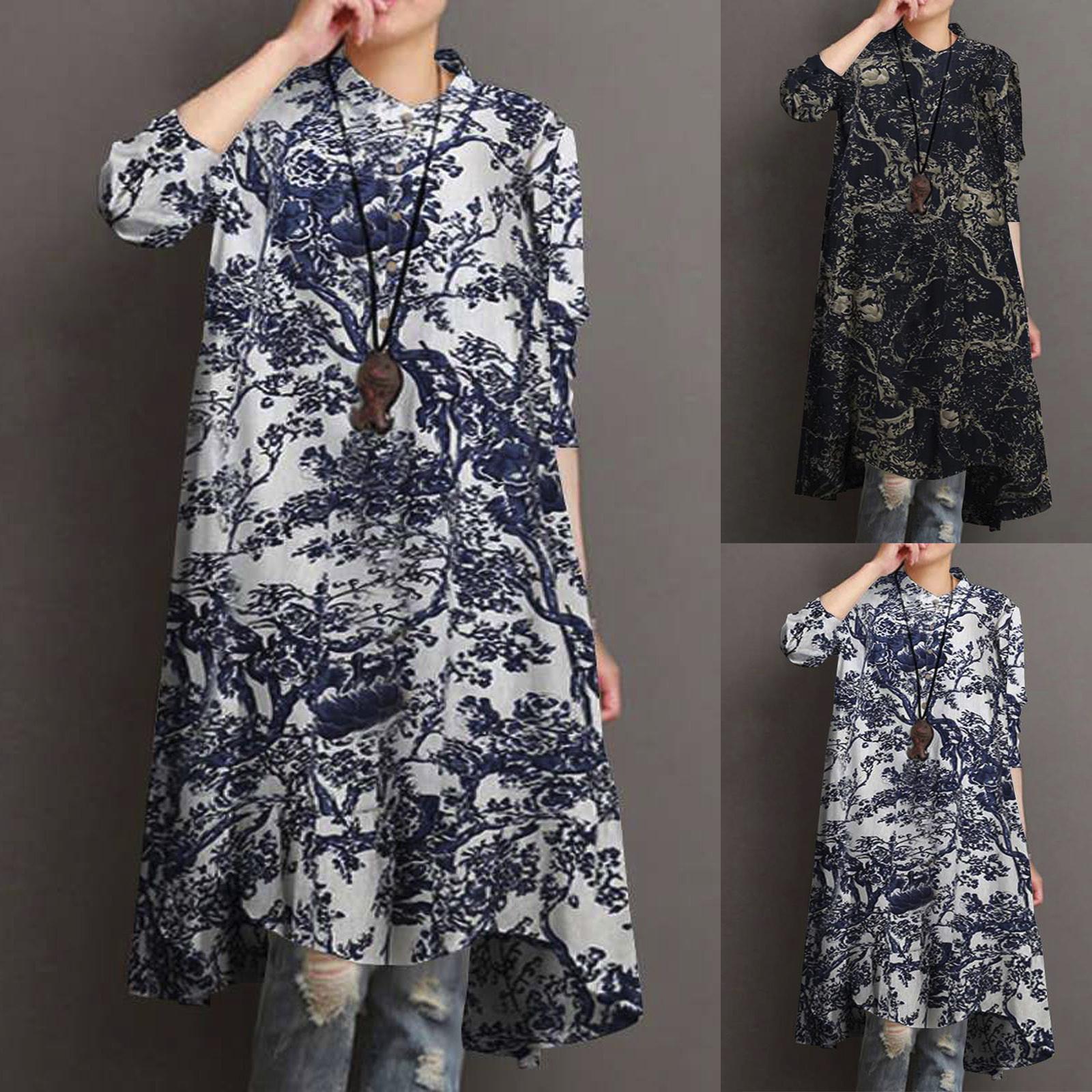 

Women Vintage Print Long Sleeve Button Loose Cotton Casual Shirt Dress