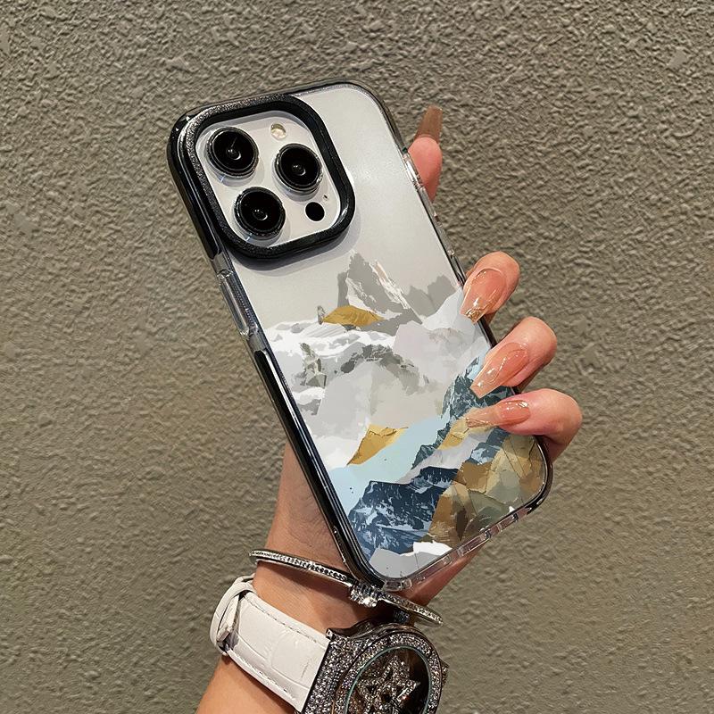 Art style niche advanced sense snow mountain landscape iphone17promax anti-drop black border anti-drop protective cover
