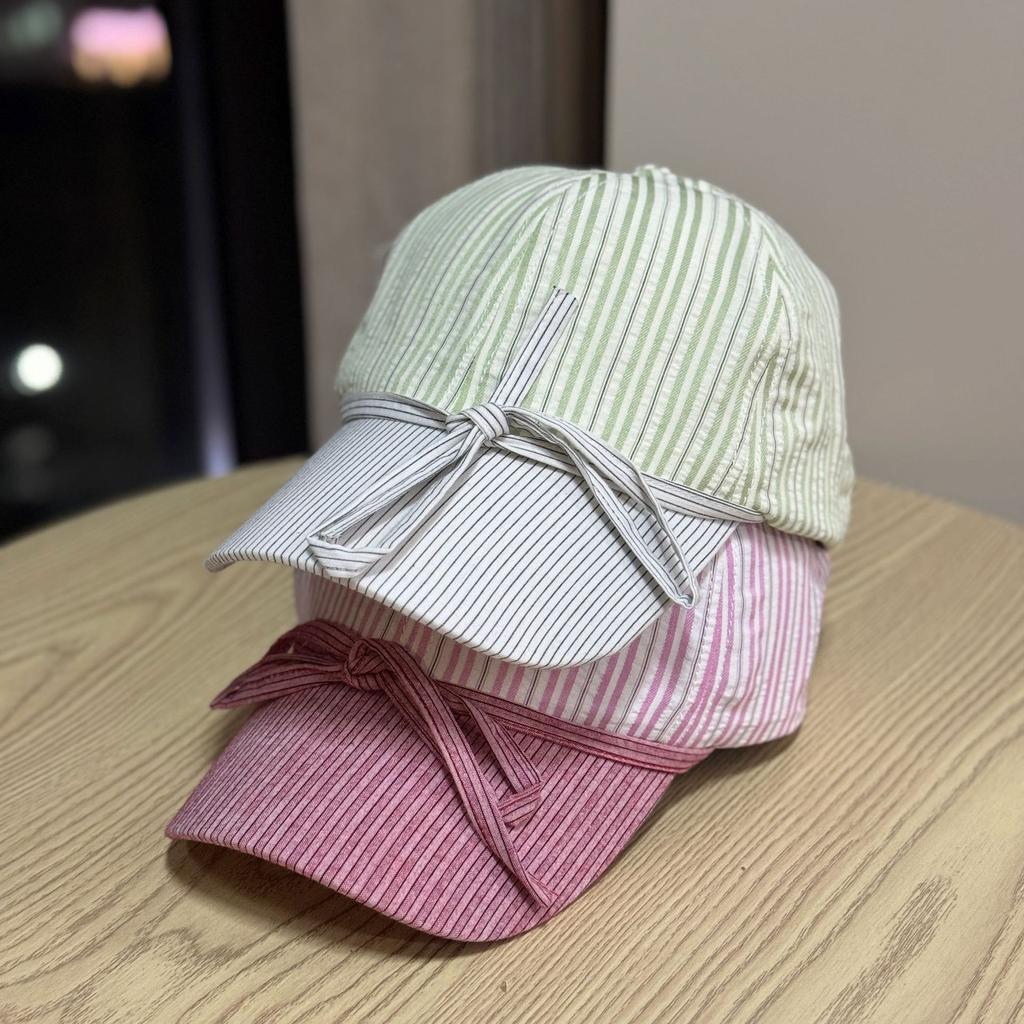 Casual, simple, and stylish bowknot soft-top baseball cap with stripes, versatile for large head sizes and round faces, sun-shading and