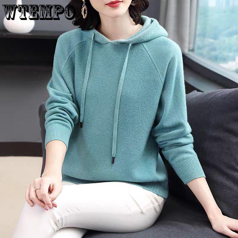 Hooded Drawstring Knitted Sweatshirt for Women Solid Color Loose Sweater Long-sleeved Pullover for Autumn and Winter Women's Sweater Coat