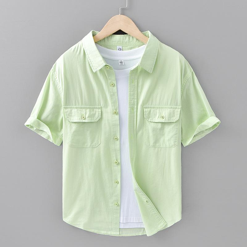 Summer Fashion Short Sleeve Shirt Men Japanese Style Workwear Double Pockets Shirt Pure Cotton Lapel Collar Casual Men Tops