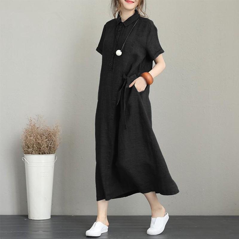 New Women's Polo Collar Cotton Linen Casual Dress with Pockets - Light Luxury, Short Sleeve, Loose Fit