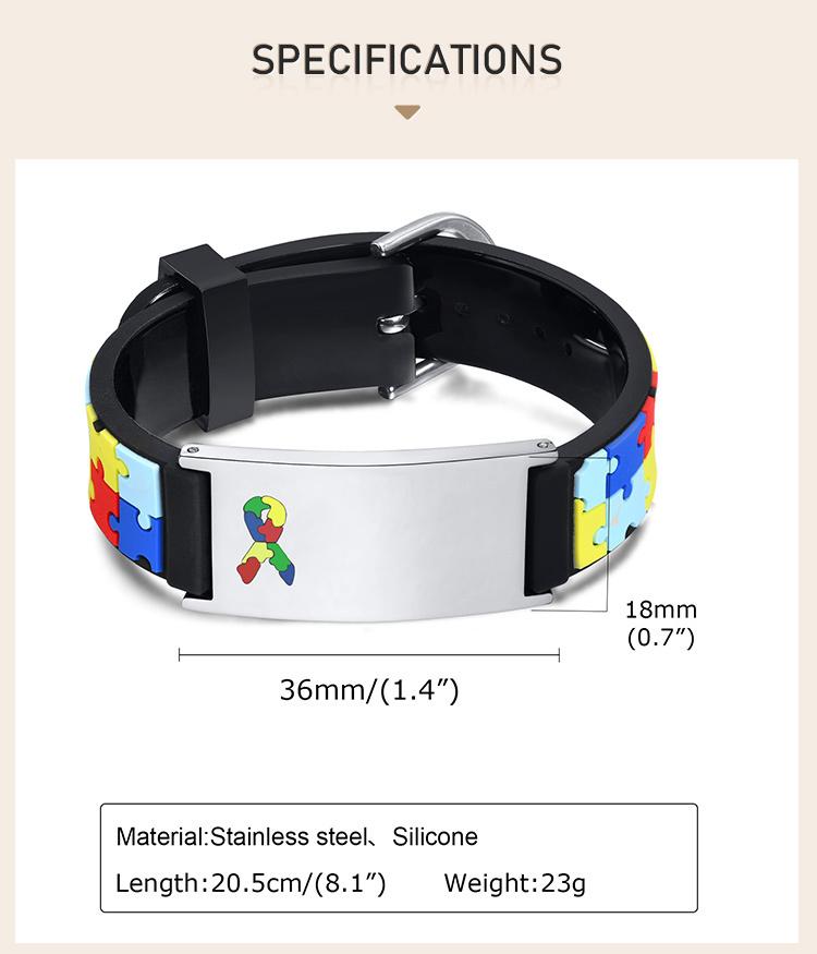 Personalized Autism Aspergers Bracelet for Little Boy Girl , Engraved Medical Alert ID Adjustable Silicon Bracelet Engraved Gift