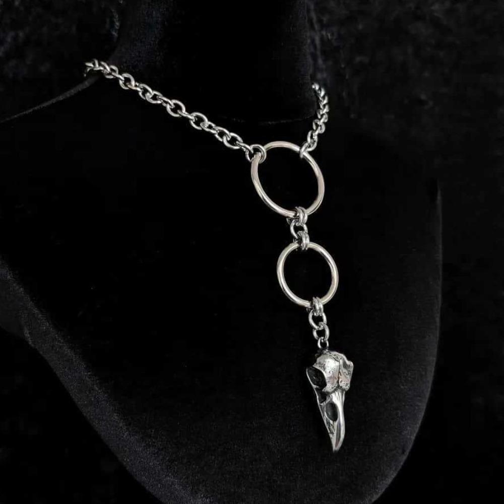 New Gothic Personality Stainless Steel Skull Pointed-beaked Bird Thick Chain Round Ring Necklace for Men Women Halloween Jewelry
