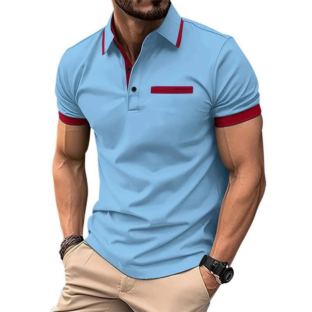 Fashion Men's Summer New Chest Fake Pockets Splicing Colour Blocking Casual Sports Polo Shirt Tops