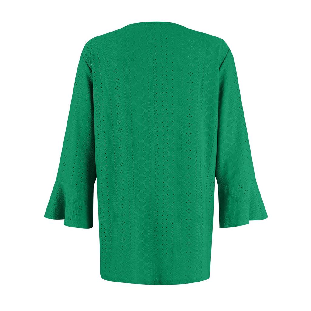 Women's Color Hollow V-neck Button-down Flared Three-quarter Sleeve Top